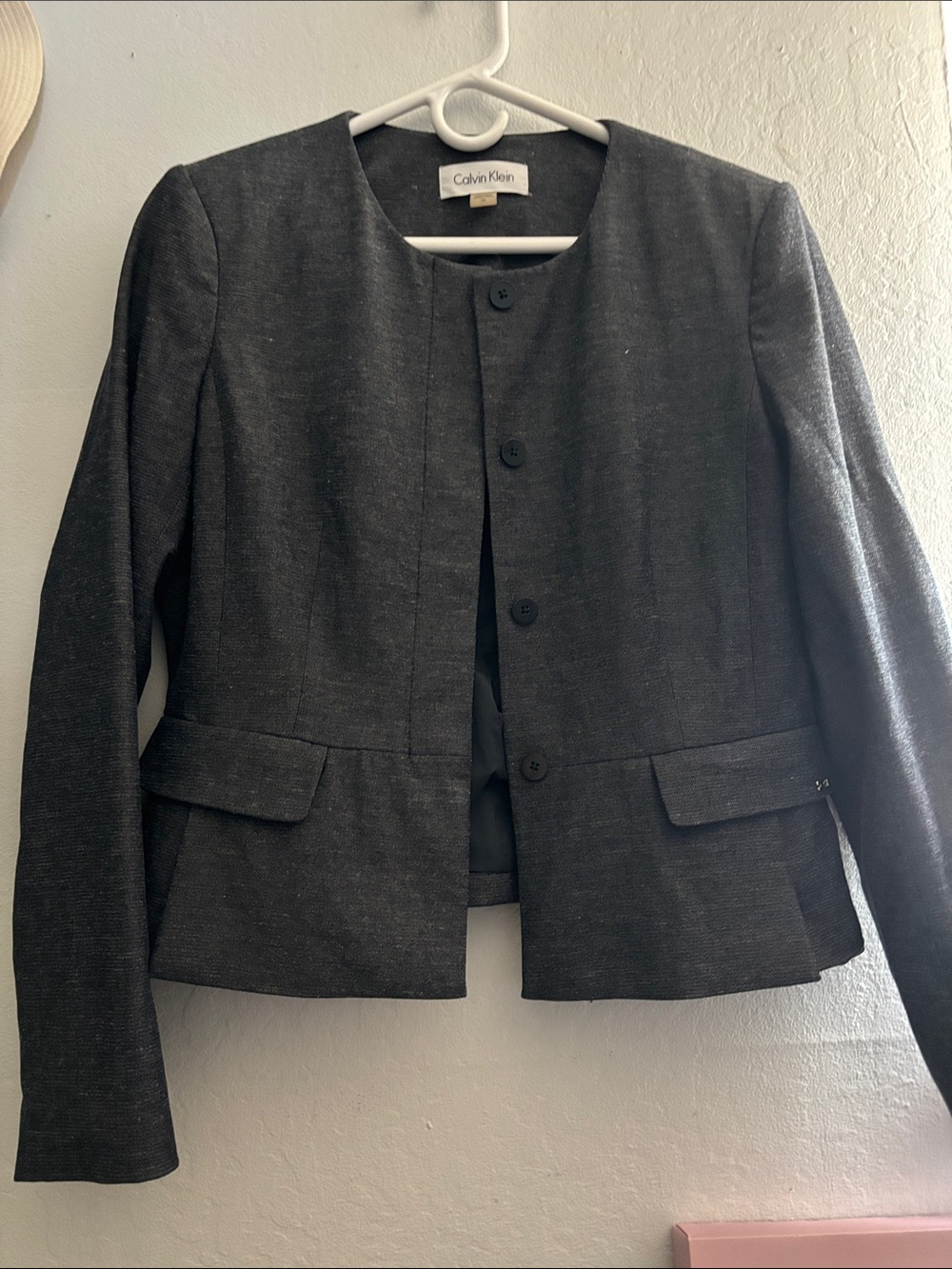 Calvin Klein Women's Dark Gray Collarless Button Blazer